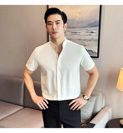 Men’s stand collar V-neck stretch shirt white fashion