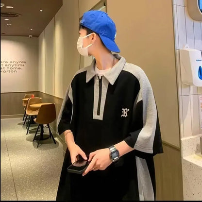 Men's Summer Polo Shirt Casual Loose Zipper Tee