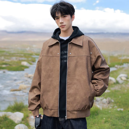 Men's Korean PU Leather Biker Jacket Brown Zipper Coat
