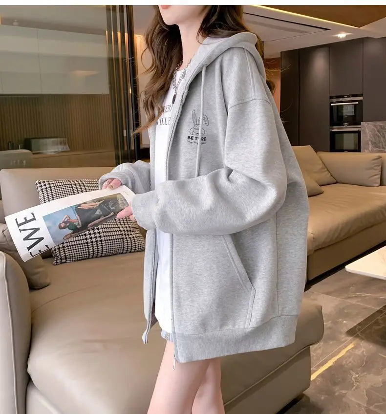 Women Embroidered Zip-Up Hoodie Casual Loose Streetwear Sweatshirt