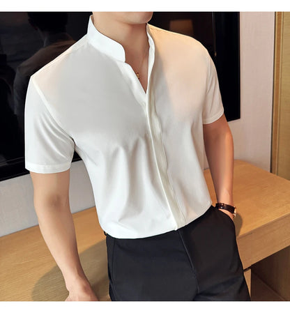 Men’s stand collar V-neck stretch shirt white fashion