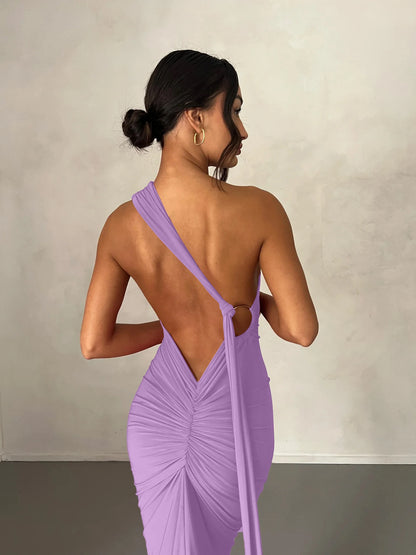 Hugcitar One Shoulder Backless Ruched Maxi Dress Women Y2K