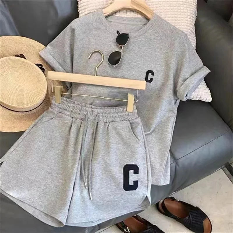 Women C Letter Tracksuit – Tee & Shorts Set