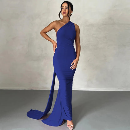 Hugcitar One Shoulder Backless Ruched Maxi Dress Women Y2K