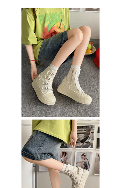 CHABELLA Women's High Top Canvas Shoes with Buckle, Zip, Street Style Comfort