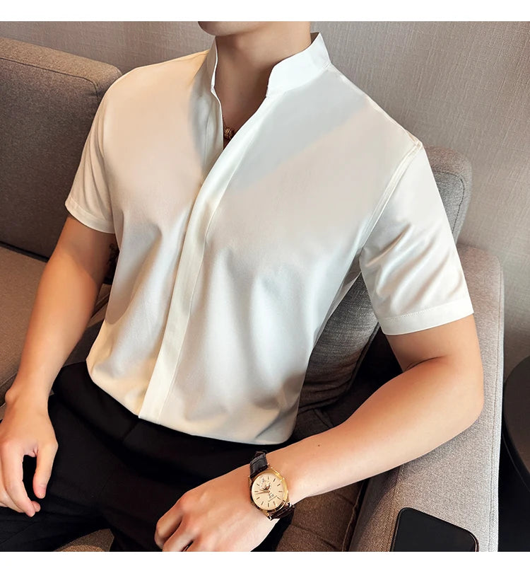 Men’s stand collar V-neck stretch shirt white fashion