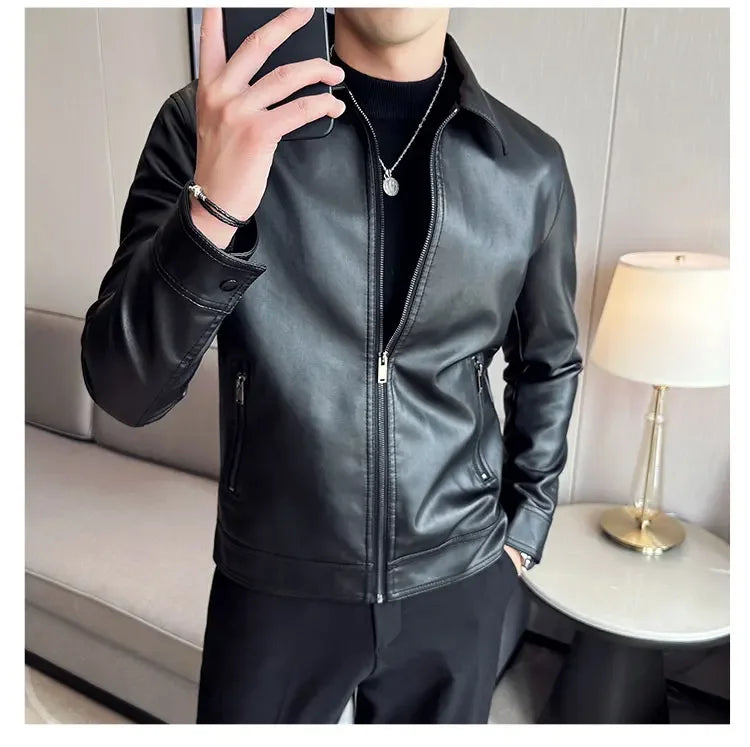 Men Bomber PU Leather Jacket – Slim Fit Casual Motorcycle Coat 2024