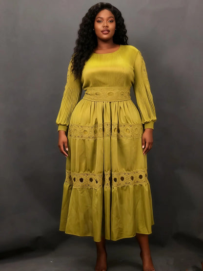 Elegant pleated plus-size dress, lace, belt, stretchy, chic