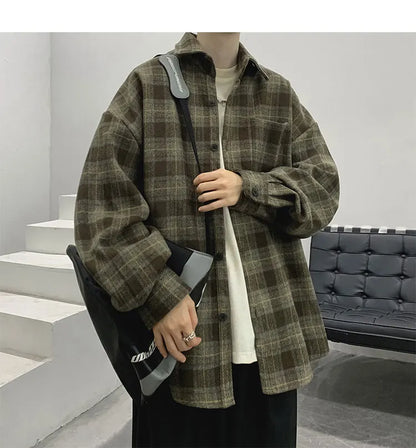 Vintage Korean Flannel Shirt Y2K Plaid Streetwear Winter