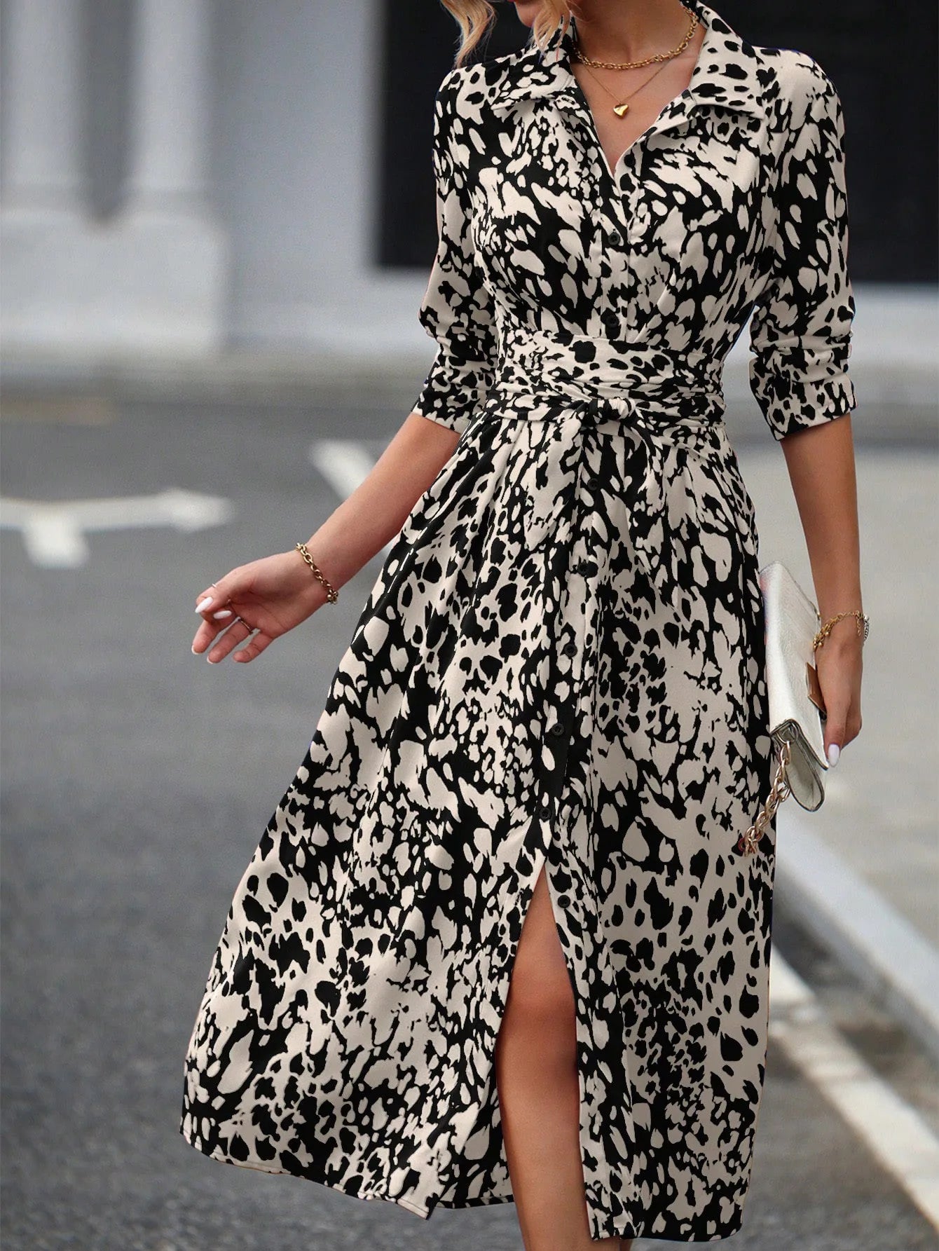 Elegant belted midi shirt dress, long sleeve, office casual