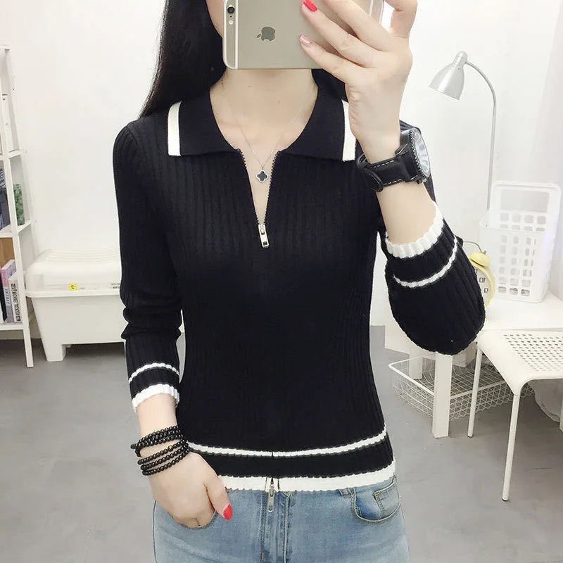 Autumn Spring Women Knitted Pullover Sweater Casual V-Neck Zipper Top