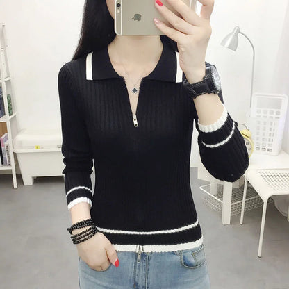 Autumn Spring Women Knitted Pullover Sweater Casual V-Neck Zipper Top