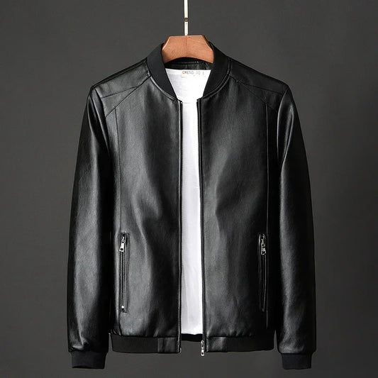 Men Black PU Leather Biker Jacket Slim Casual