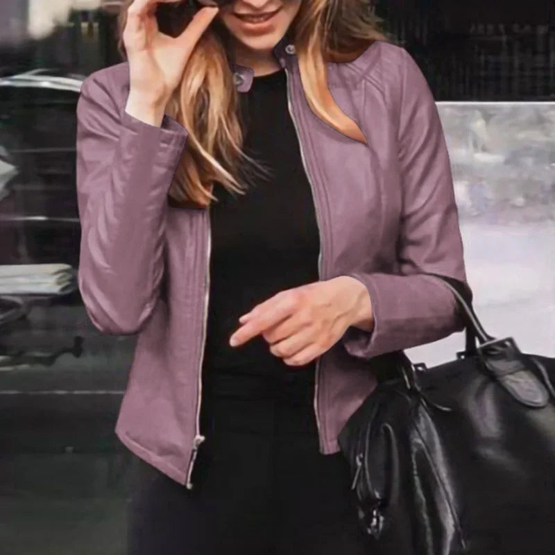 Women's Slim PU Leather Biker Jacket Classic Moto Coat