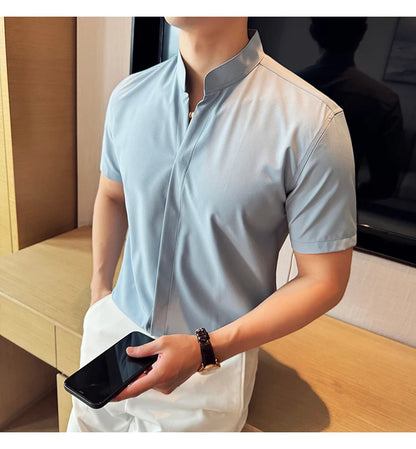Men’s stand collar V-neck stretch shirt white fashion