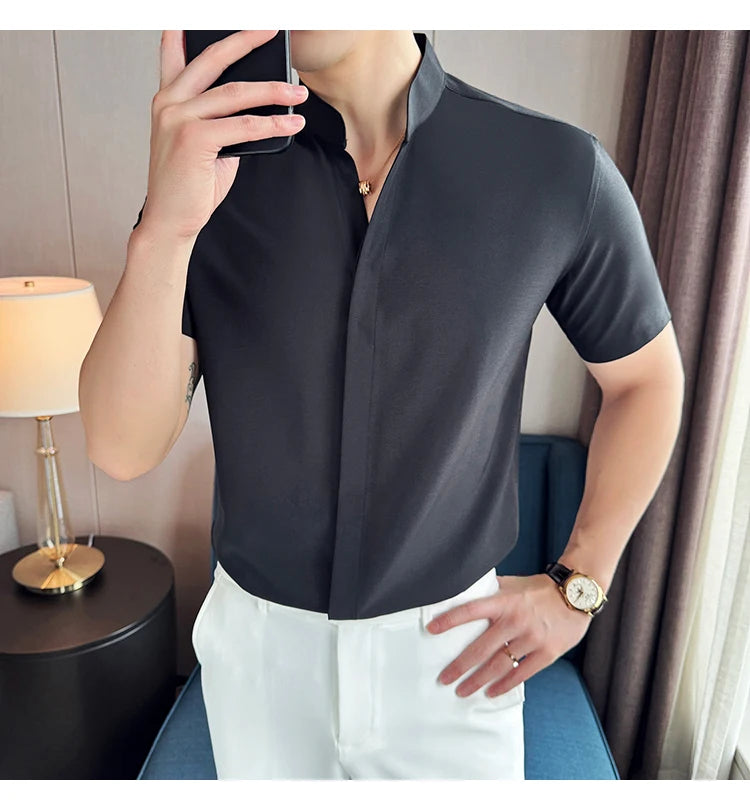 Men’s stand collar V-neck stretch shirt white fashion