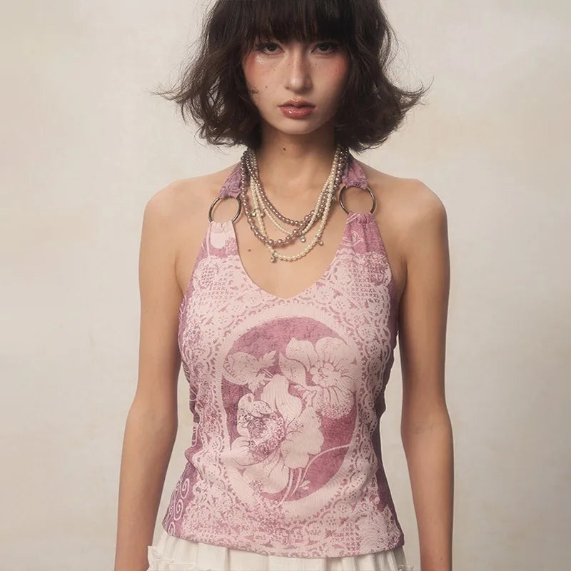 Karrcat Y2K Purple Halter Top – Harajuku Flower Print