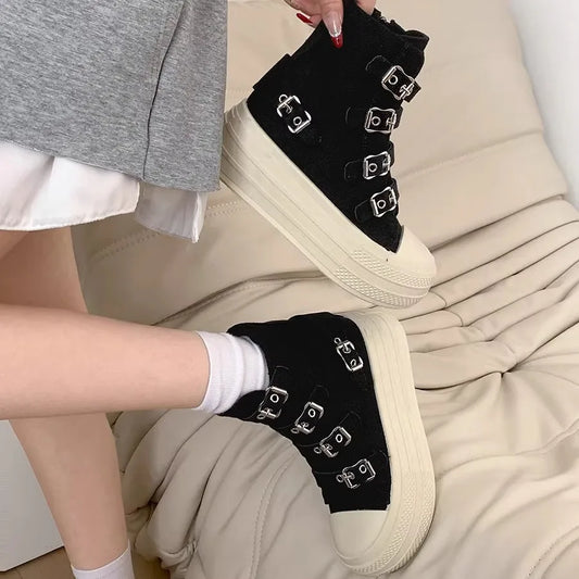 CHABELLA Women's High Top Canvas Shoes with Buckle, Zip, Street Style Comfort