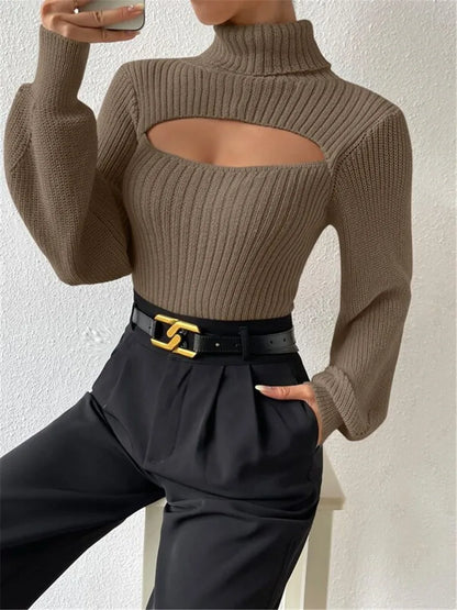 Sexy loose sweater with high neck and hollow design
