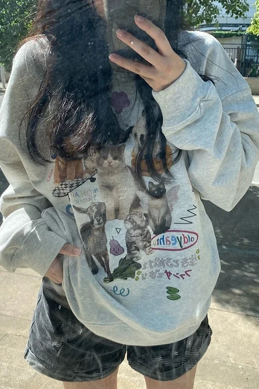 Milk Cat Graphic Sweatshirt for Women – Autumn Winter Streetwear