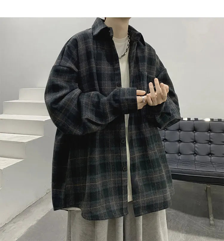 Vintage Korean Flannel Shirt Y2K Plaid Streetwear Winter