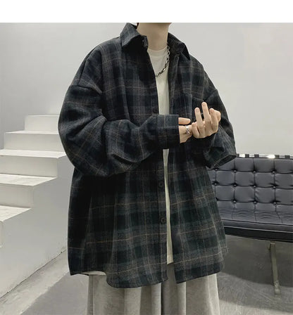 Vintage Korean Flannel Shirt Y2K Plaid Streetwear Winter