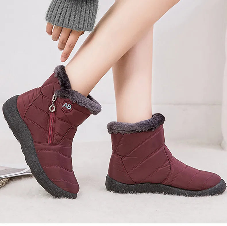 Stylish women's ankle boots with fur, low heels, waterproof winter shoes