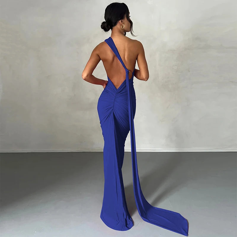 Hugcitar One Shoulder Backless Ruched Maxi Dress Women Y2K