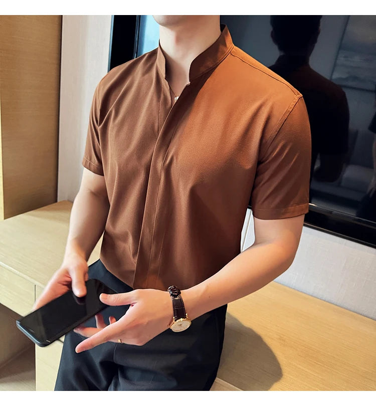 Men’s stand collar V-neck stretch shirt white fashion