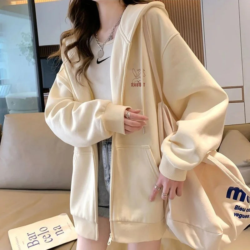 Women Embroidered Zip-Up Hoodie Casual Loose Streetwear Sweatshirt