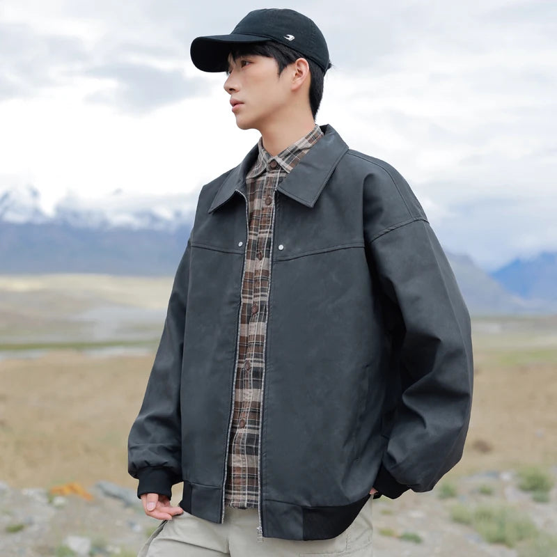 Men's Korean PU Leather Biker Jacket Brown Zipper Coat