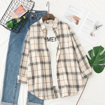 Women's plaid flannel shirt, loose fit, spring casual style