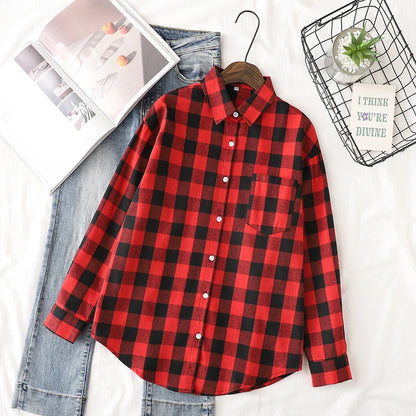 Women's plaid flannel shirt, loose fit, spring casual style