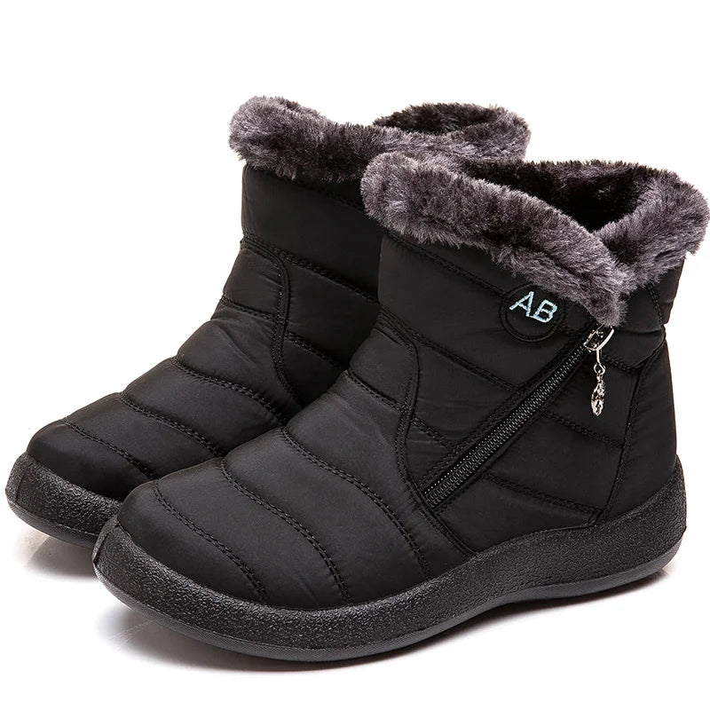 Stylish women's ankle boots with fur, low heels, waterproof winter shoes