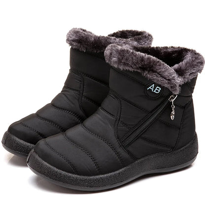 Stylish women's ankle boots with fur, low heels, waterproof winter shoes