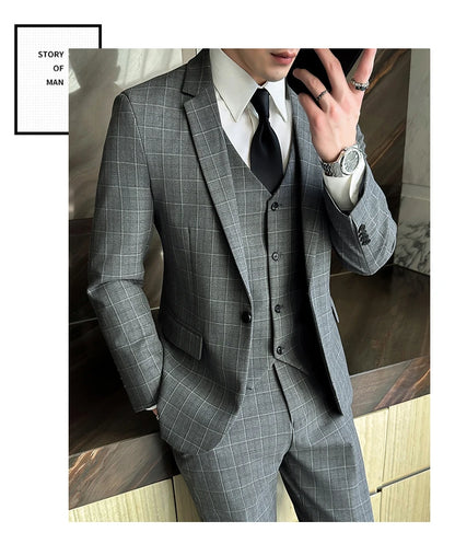 Men’s Plaid 3-Piece Suit Business Wedding Elegant Fashion Set