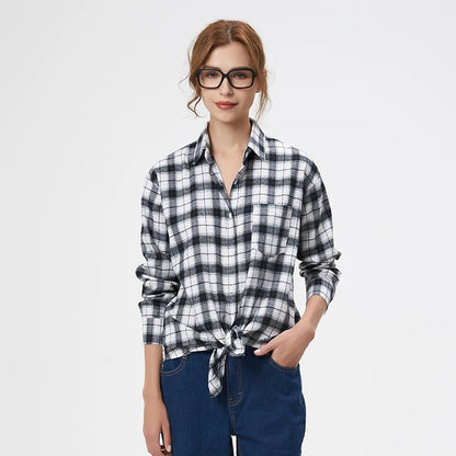 Women's plaid flannel shirt, loose fit, spring casual style
