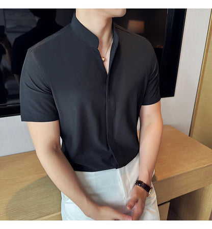 Men’s stand collar V-neck stretch shirt white fashion
