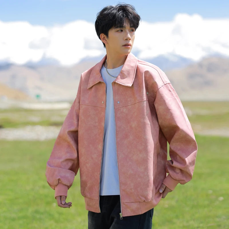 Men's Korean PU Leather Biker Jacket Brown Zipper Coat