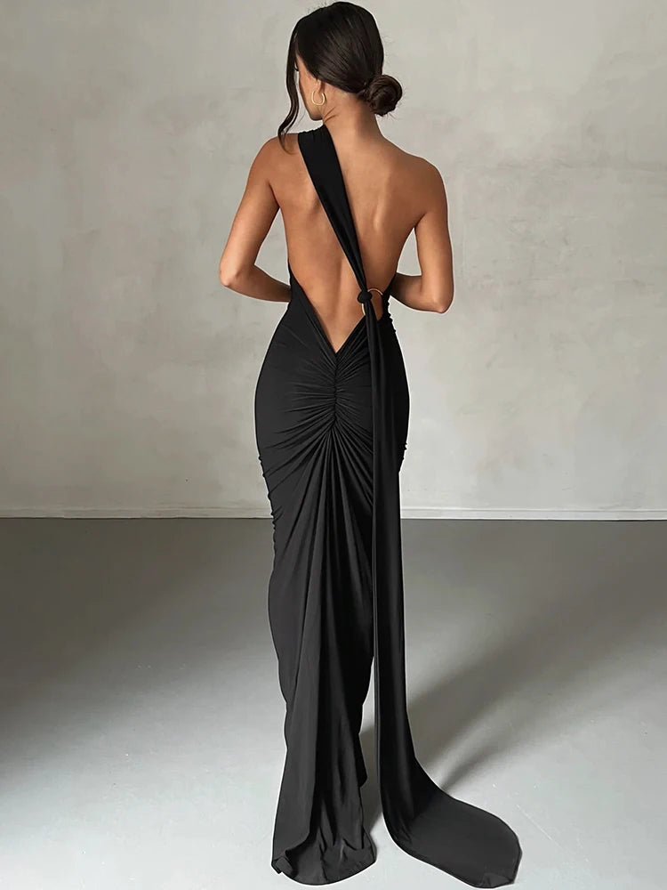 Hugcitar One Shoulder Backless Ruched Maxi Dress Women Y2K