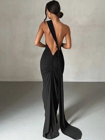 Hugcitar One Shoulder Backless Ruched Maxi Dress Women Y2K