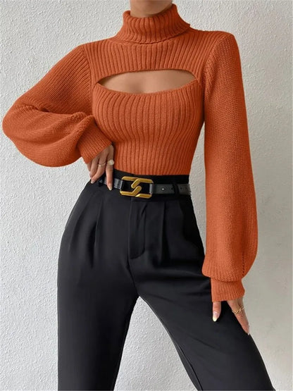 Sexy loose sweater with high neck and hollow design