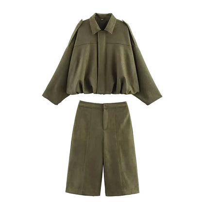 Women Two-Piece: High-Waist Shorts & Loose Jacket
