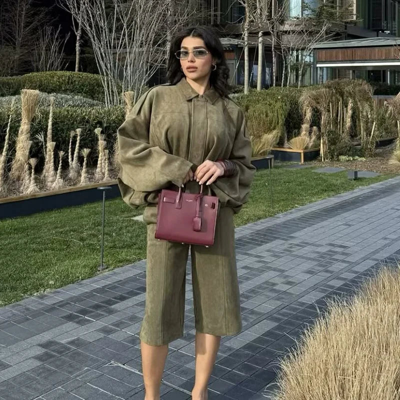 Women Two-Piece: High-Waist Shorts & Loose Jacket