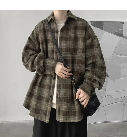 Vintage Korean Flannel Shirt Y2K Plaid Streetwear Winter