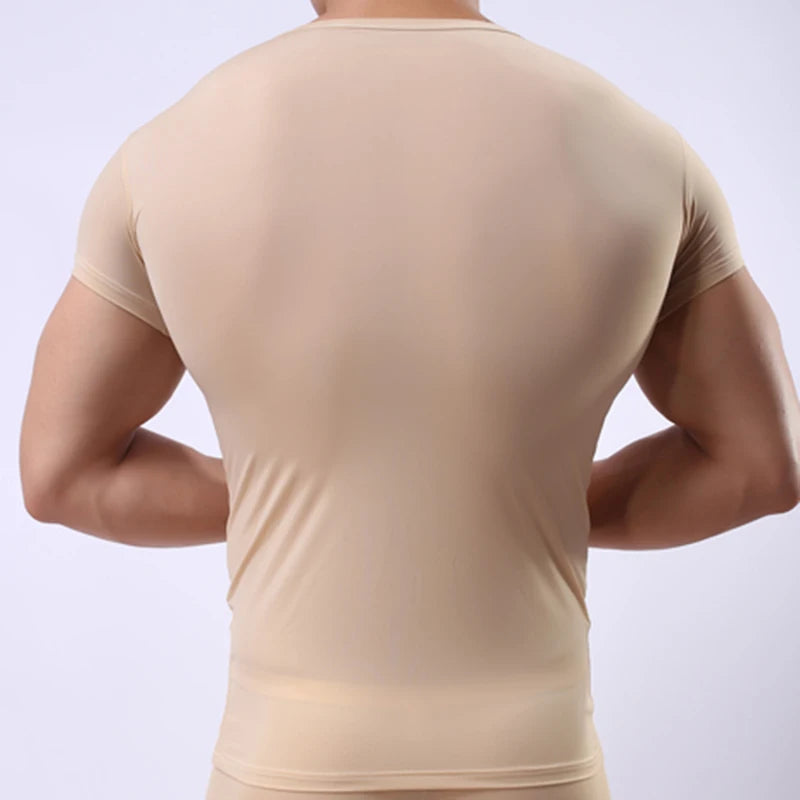 Men's Ice Silk Mesh See-Through Undershirt Sexy Fitness Tee