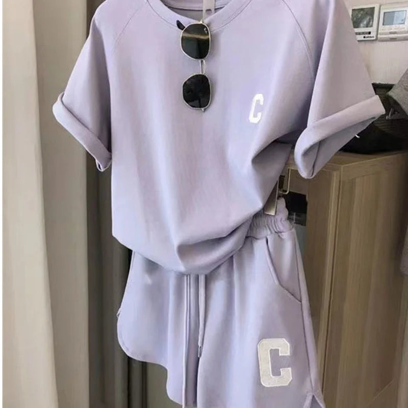 Women C Letter Tracksuit – Tee & Shorts Set