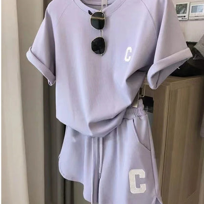 Women C Letter Tracksuit – Tee & Shorts Set