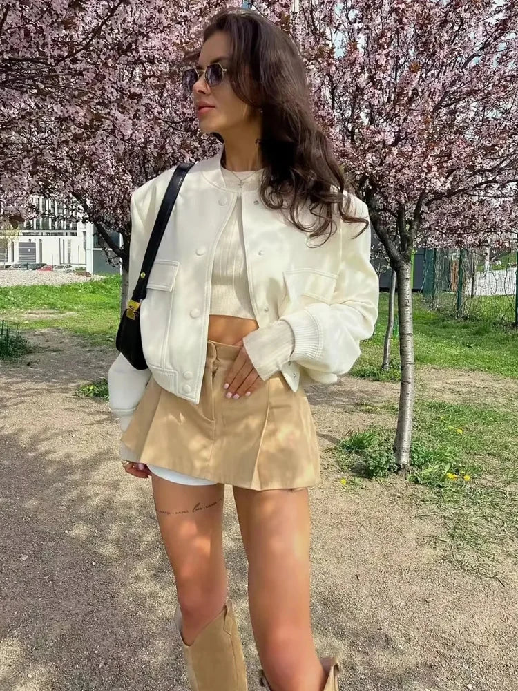 Women's White Bomber Jacket Autumn Winter Fashion