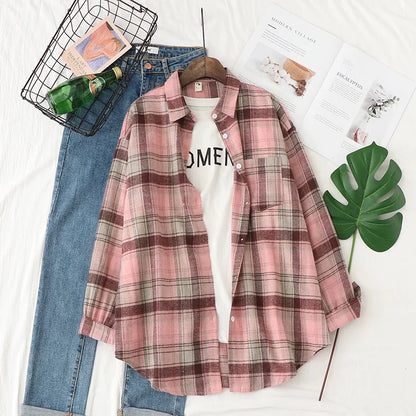 Women's plaid flannel shirt, loose fit, spring casual style